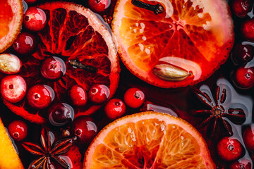 Christmas Mulled Wine with spices and fruits as background.