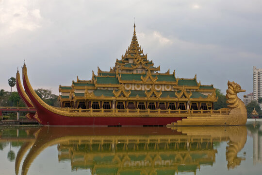 Yangon, Myanmar - January 2, 2012: Karaweik, a concrete replica of a Burmese royal barge built in 1972