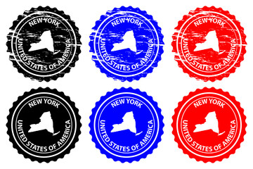 New York - rubber stamp - vector, New York (United States of America) map pattern - sticker - black, blue and red 