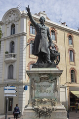 Statue of Francois Arago (sculptor Antonin Mercie, 1879) in Perpignan Place Arago. Francois Arago - French political leader, astronomer and physicist. Perpignan, Pyrenees-Orientales, France.