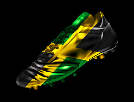 Soccer football boot with the flag of Jamaica printed on it, isolated on dark background, vector illustration 3d, 3 dimension, print, design