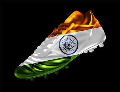 Soccer Football Cricket Boot With The Flag Of India Printed On It, Isolated On Dark Background, Vector Illustration 3d, 3 Dimension, Print, Design