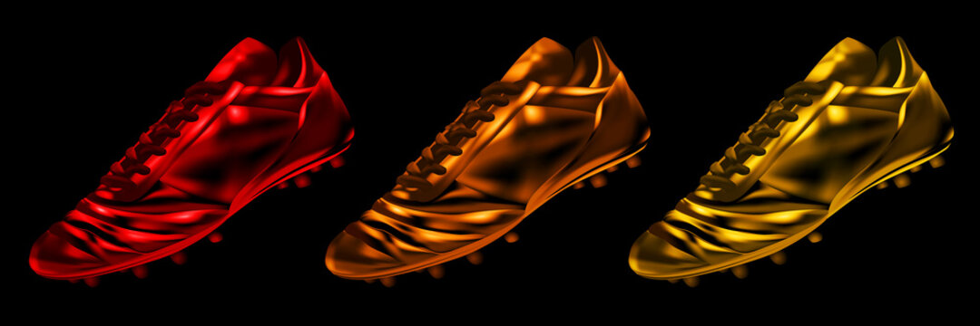 3d soccer football boots in colors set isolated on a black background, vector illustration