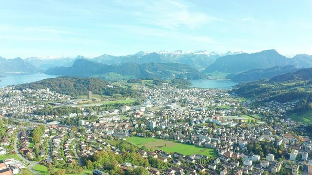Canton Lucerne aerial view.  Countryside. Alps mountains and the city of Lucerne.Vierwaldstättersee. Switzerland.