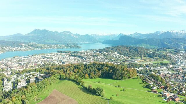 Canton Lucerne aerial view.  Countryside. Gütsch forest.Chapel Bridge. Alps mountains and the city of Lucerne. Switzerland.