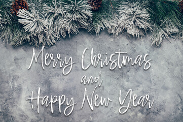 Fototapeta na wymiar Merry Christmas and Happy New Year white text. Christmas Tree Branches as a Frame on grey background