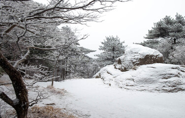 The walkway is cover of snow at the Huangshan mountain or Yellow mountain