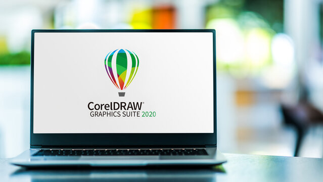 Laptop computer displaying logo of  CorelDraw Graphics Suite