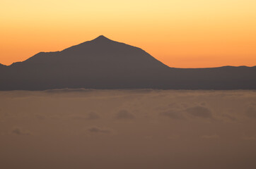 Island of Tenerife and Teide peak at sunset from Gran Canaria. Canary Islands. Spain.