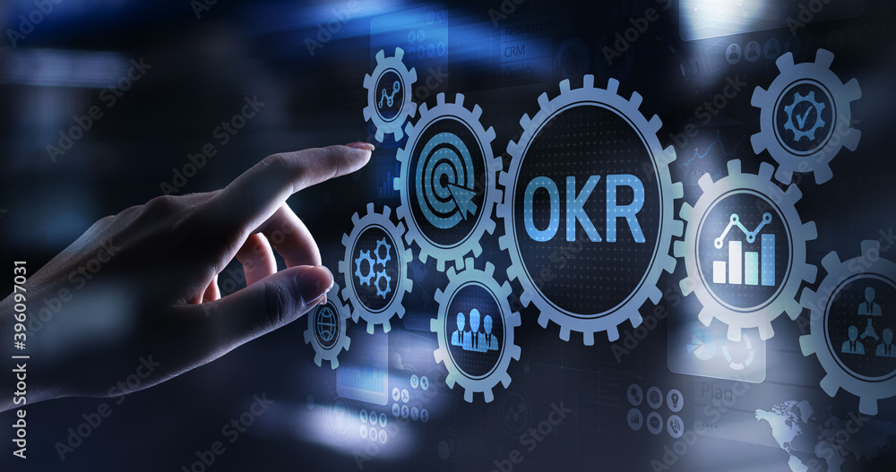 Poster objective key results business technology process improvement concept on virtual screen.