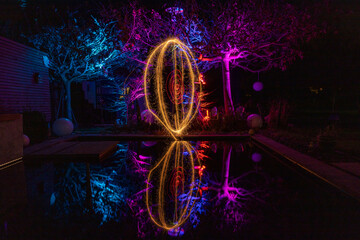 Light painting with colorfully illuminated trees