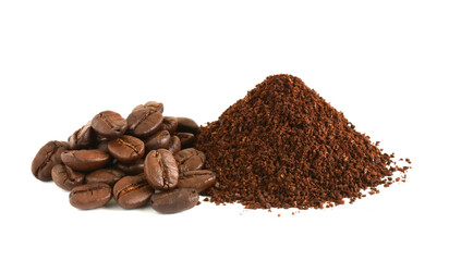 Coffee powder (ground coffee beans) and coffee beans isolated on the white background.
