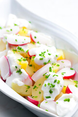 spring potato radish salad with garlic dip