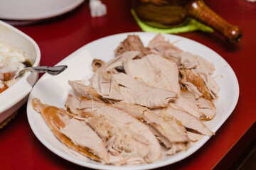 a plate of sliced turkey ready for a holiday meal