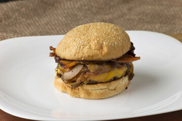 Gourmet hamburger with cheddar cheese and bacon on white plate on top of the board