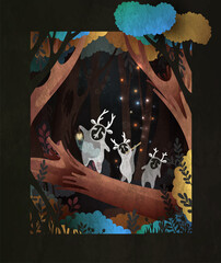 Three horned little cute forest spirits forest spirits dancing on the fallen log. Fairy tale vector illustration.