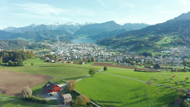 Canton Lucerne aerial view.  Countryside. Alps mountains and the city of Lucerne. Switzerland