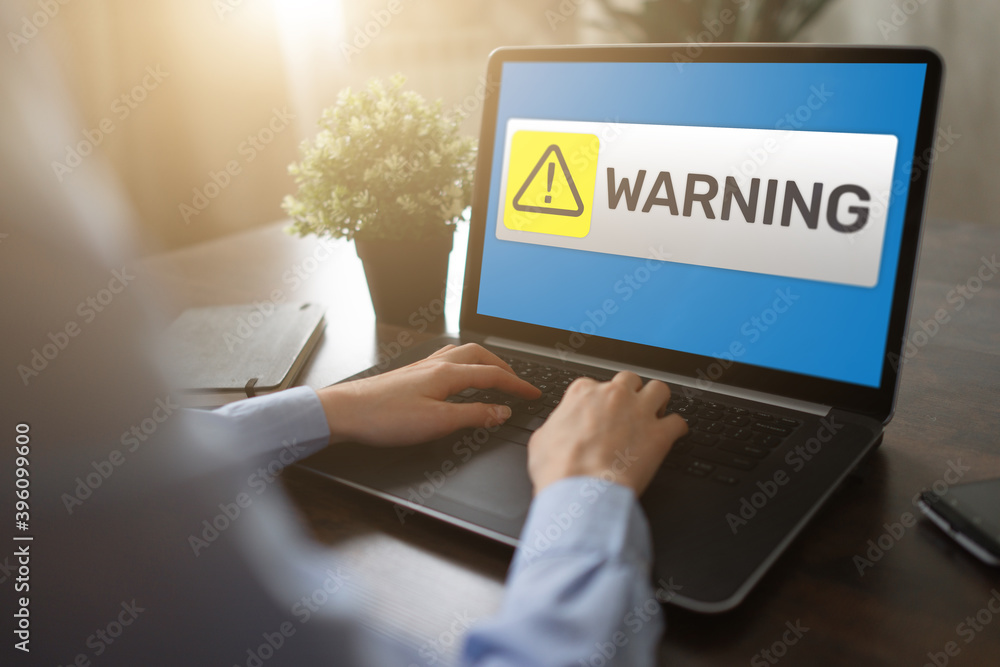 Poster warning message sign on screen. virus detection security breathe hardware or software trouble. cyber