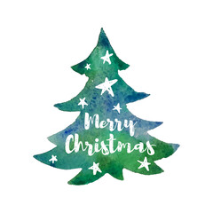 Christmas greeting card vector illustration. Watercolour hand drawn Christmas Tree