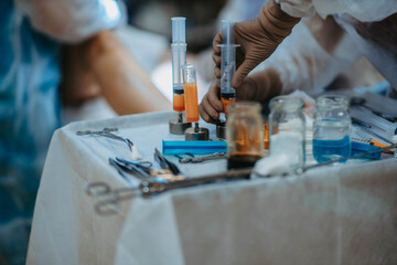 preparation of fat cells for lipofilling in the operating room. Surgical cosmetic surgery to...