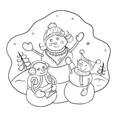 Snowmen decorate the Christmas tree. Children s illustration.