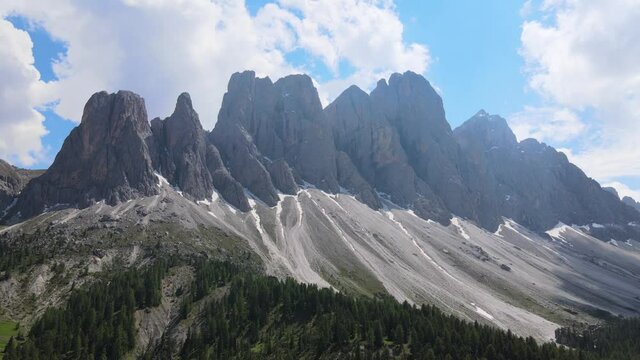 Impressive Odle Mountain Peaks Close Up, Adolf Munkel Trail, Aerial, Dolomites, Italy