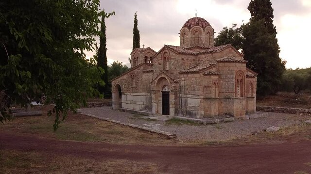 Aerial view of St. Samarina church in Messinia region at dusk