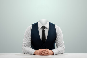 Businessman in a white shirt, vest and headless tie on a light background. Copy space.