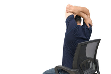 Back side of man stretching arm to relax muscle of shoulder blades sitting on chair