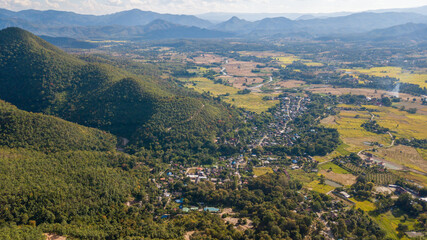Obraz premium Top View Point of Pai district Mae Hong Son Thailand. Pai is a small town in northern Thailand