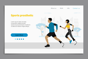 Vector illustration of handicap runners man and woman running on artificial sports feet blades. Sports prosthetic landing page website template. Athletes with prostheses.