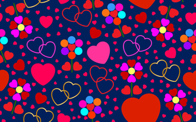 Seamless abstract pattern of large and small hearts, pink, red, gold contours of hearts and original flowers on a blue background. Vector graphics for design and decoration.