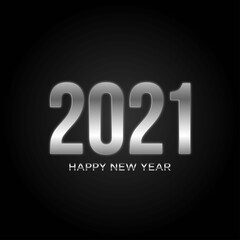 Happy New Year 2021. Winter holiday vector illustration with silver metallic numbers 2021 and festive confetti, glitter, stars on black glittering background. Realistic illustration.