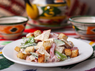 Malibu salad with crab sticks and croutons, feta cheese and vegetables. Asian style
