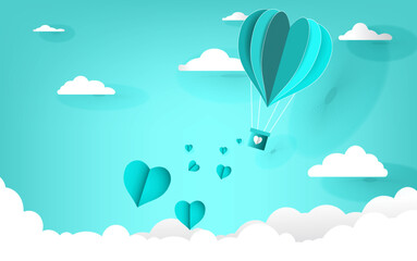 Fototapeta na wymiar Love on valentines day and blue background with clouds and small hearts Paper cut style illustration