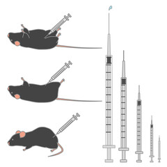 様々な大きさの注射器＆注射されている黒いマウスのベクターイラストセット