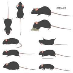 黒いマウスのベクターイラストセット（食事、あおり、ふかん、うつぶせ、走る、太る、やせる） - obrazy, fototapety, plakaty
