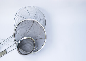 Kinds of Metal mesh Strainers on white background