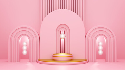 Geometric abstract scene podium pink background 3d rendering