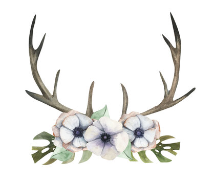 Watercolor bohemian vintage style antler horns decorated with hand drawn flowers and leaves. Forest woodland wreath illustration for postcards, prints, invitations,wedding, birthday.Tribal rustic elk
