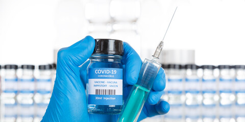 Coronavirus Vaccine bottle Corona Virus COVID-19 Covid vaccines syringe panoramic view
