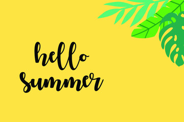 Yellow background with hello summer writing and blue and green leaves