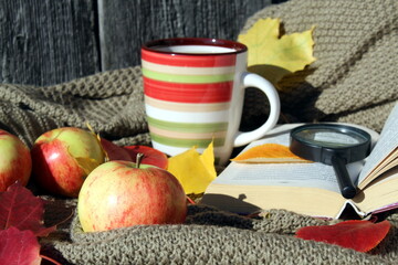 Autumn still life from a mug of tea with apples and leaves