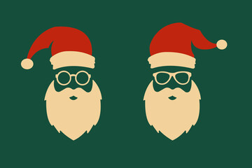two elderly heads with beards and wearing glasses and wearing red hats. Christmas Day