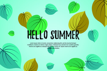summer background, contains green, yellow and blue colored leaves and summer writing