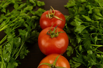 Red tomatoes with green tails lie in the middle of a dark textured wood background with green parsley on the sides. Eco-friendly tomatoes. Fresh tomatoes. Parsley. Tomatoes with water drops. Fresh veg