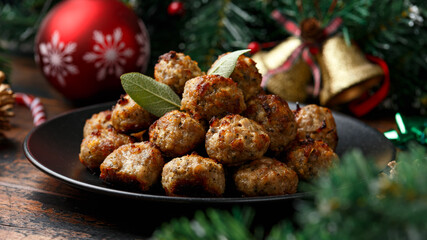 Christmas Pork stuffing meatballs with sage and onion. decoration, gifts, green tree branch on wooden rustic table