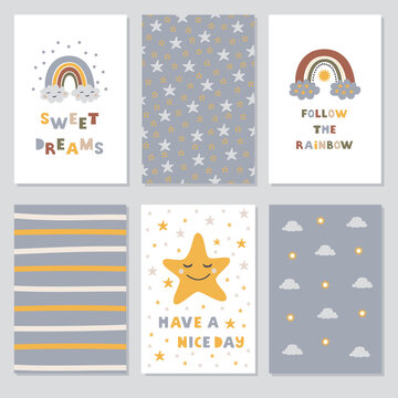 Set of cards with text and pattern for kids in scandinavian style. Modern vector design for posters, clothes, baby shower, decoration kids playroom, textile, postcard.