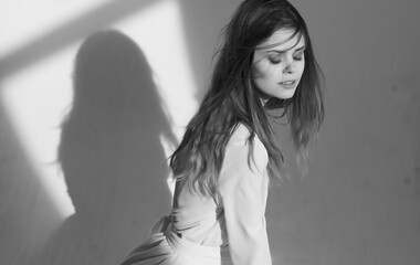 Pretty woman attractive view Studio gray background