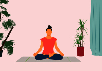 Obraz na płótnie Canvas Woman meditating in cross legged lotus posture indoor in her house or apartment with plants and trees in her room. Concept flat vector cartoon illustration for yoga, meditation, healthy lifestyle